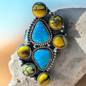 Honey Dahlia and Turquoise 925 Sterling Silver Adjustable Ring 5-11 NWOT